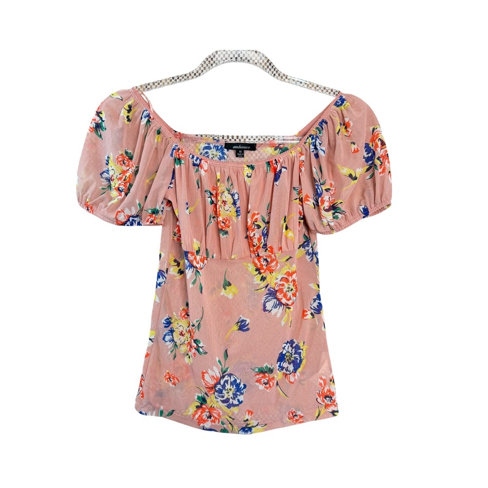 Ambiance Pink Floral Semi Sheer Wide Neck Top Size Medium